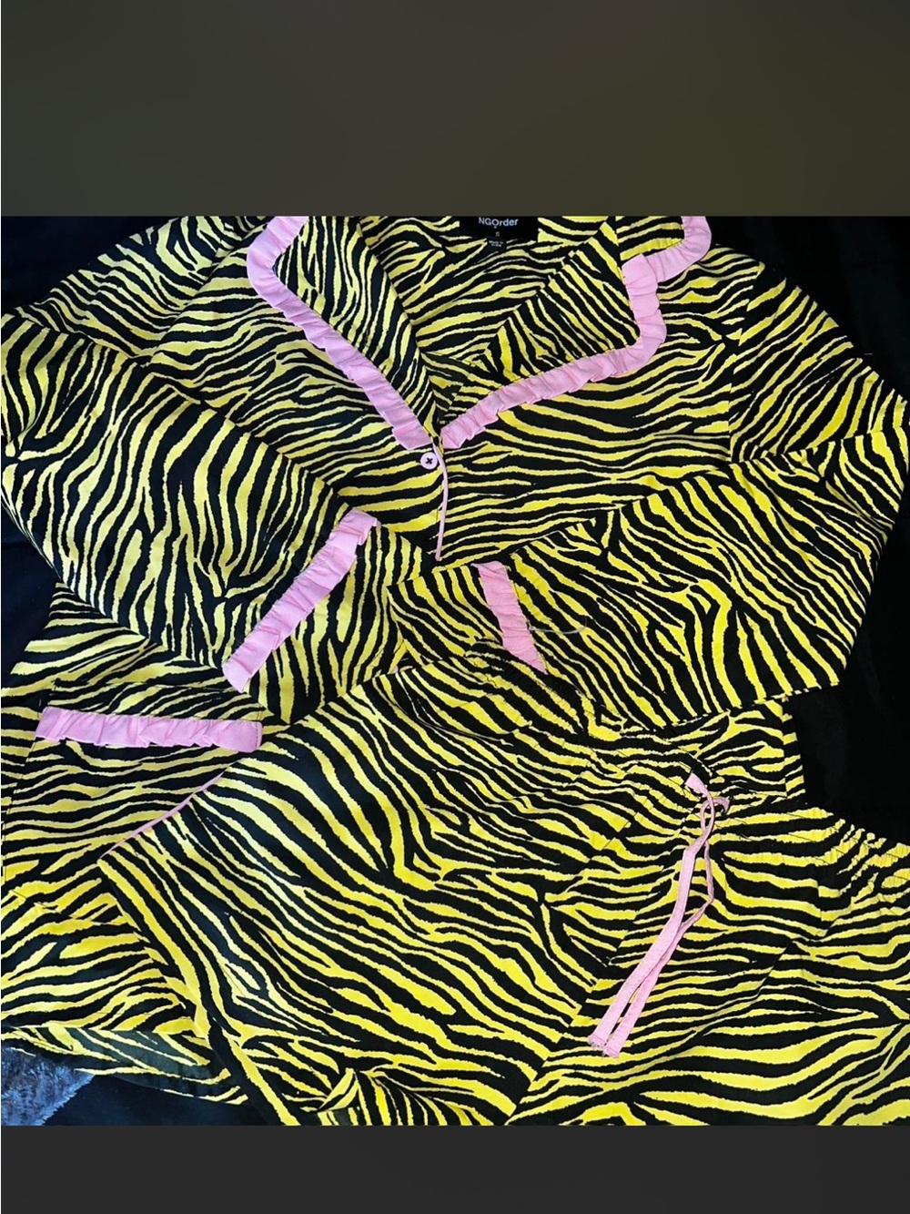 No Boundaries Yellow Zebra-Print Pajama Set with Pink Trim